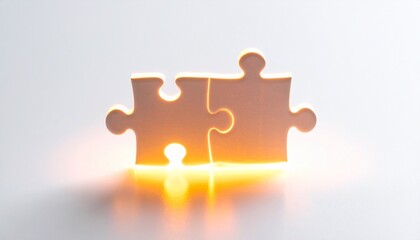Golden glowing puzzle piece isolated on white background, symbolizing teamwork, problem solving, leadership, innovation, success, and connection in business and personal growth concept.