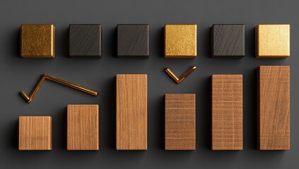 Artistic arrangement showcasing wooden blocks with gold accents, forming a visual financial graph