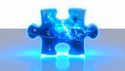 Futuristic puzzle piece filled with cosmic galaxy texture and glowing blue edges, symbolizing innovation, creativity, teamwork, universe connection, and abstract business solution concept.