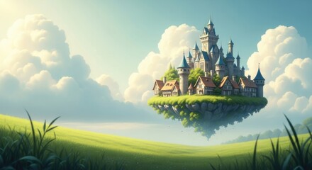 Fantasy Castle Floating in Sky Surrounded by Clouds and Green Landscape