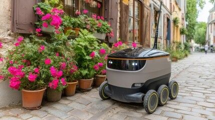 Autonomous delivery robot stands on a cobblestone street lined with vibrant pink flowers.