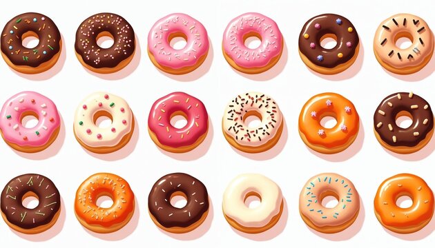 Colorful donuts with various toppings, glazes arranged in rows on white background. Donuts decorated with chocolate, pink, orange, white frosting, sprinkles, sweet treats. Baked dessert options for