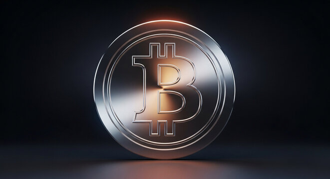 Silver bitcoin coin on a dark background with soft lighting, showcasing cryptocurrency and digital finance concept, perfect for modern investment themes