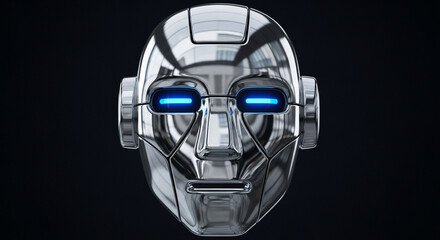 A futuristic robot head with a chrome finish and glowing blue eyes, set against a dark background the robots face is expressionless