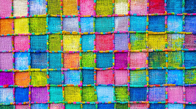 A colorful patchwork quilt with a variety of colors and patterns