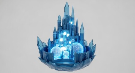 Fototapeta premium Blue Fantasy Castle with Glowing Spheres and Spires on Ice Platform in Futuristic Style