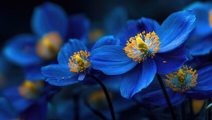 Close-up of vibrant, blue anemone blossoms, highlighting yellow centers, natural light