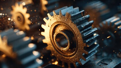Close-up of metallic gears, some in focus, others blurred, with light particles
