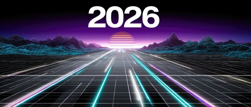 Vibrant digital landscape showcasing futuristic scenery with glowing lines and a sunset representing the year 2026 in a retro aesthetic style