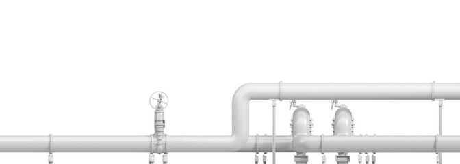 Gas infrastructure, including pipelines and automatic gate valves, isolated on a transparent background. Monochrome mock up. 3D illustration