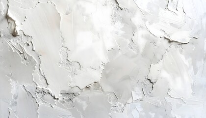 Obraz premium Flat lay background of cement plaster surface, rough unfinished texture with natural gray and white tones and cracks, artistic putty knife strokes