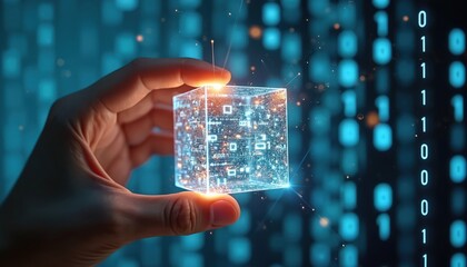 Hand holds transparent cube with digital data symbols. Light beams project from it against the binary code background. Concept of data security and tech.
