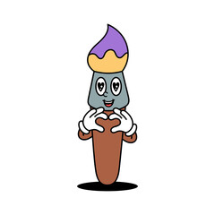 Cute Anthropomorphic Paintbrush Character with Heart Hands and Purple Bristles on White Background
