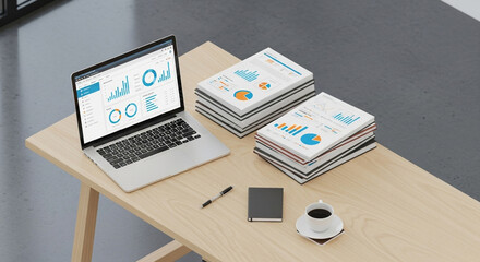 Overhead view of a laptop displaying charts, stacks of documents, a pen, notebook, and coffee cup on a wooden desk, showcasing business analytics