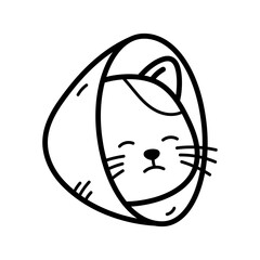 Cute Black and White Line Drawing of a Cat Wearing a Veterinary Cone Collar with Eyes Closed and Peaceful Expression Isolated on Transparent Background