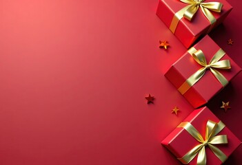 Three gift boxes with golden ribbons on red background. Copy space. 