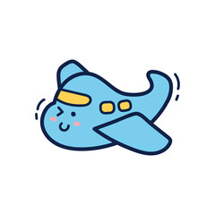 Cute Blue Airplane Doodle with Yellow Accent and Winking Face on Transparent Background