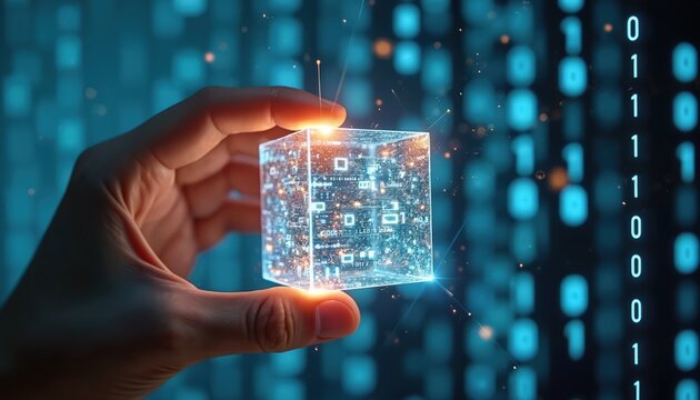Hand holds transparent cube with digital data symbols. Light beams project from it against the binary code background. Concept of data security and tech.