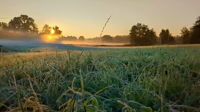 Slow motion sunrise through morning grass with golden light. Peaceful and cinematic nature scene symbolizing freshness, tranquility, and new beginnings.