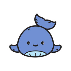 Cute Blue Whale Cartoon Illustration with Happy Expression and Big Round Eyes on Transparent Background