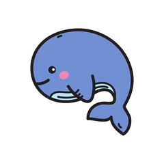 Cute Blue Whale Illustration with Pink Cheeks and a Playful Pose on a Transparent Background