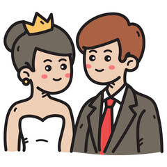 Cute cartoon bride wearing a golden crown and white strapless dress with a groom in a brown suit and red tie standing together smiling with blush on cheeks on a transparent background