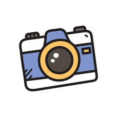 Cute cartoon camera with blue body white details and orange lens on a transparent background
