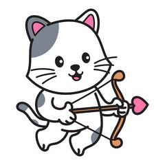 Cute Cartoon Cat Cupid With Bow and Arrow Aiming a Heart Shaped Arrow With Pink Ears and Gray Patches on a White Background Adorable Animal Drawing