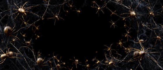 Fototapeta premium Dark Background with Creepy Spiders and Webs in Spooky Atmosphere