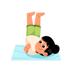 Cute cartoon girl doing yoga poses on a light blue mat with a transparent background