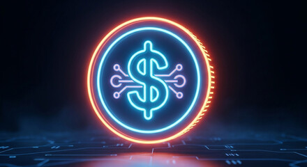 Digital dollar currency symbol with neon glowing light, representing modern finance, cryptocurrency, and blockchain technology concept