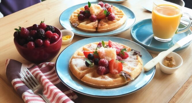 Delicious Waffles with Fresh Berries and Orange Juice for Breakfast. - Powered by Adobe
