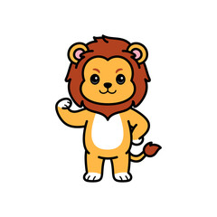 Cute Cartoon Lion Cub Flexing Biceps Muscular Arm with Brown Mane and Yellow Body Isolated on White Background