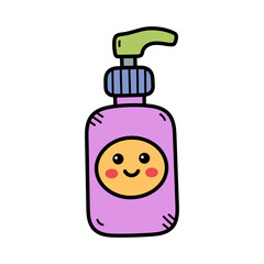Cute cartoon liquid soap dispenser with happy face graphic on light purple bottle green pump and blue collar on transparent background clean hygiene concept