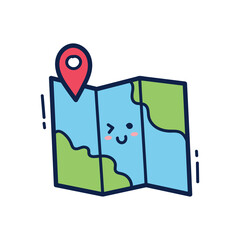 Cute cartoon map with a location pin and smiling face winking with blue and green continents against a transparent background representing travel adventure and exploration