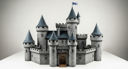 Fototapeta premium Gray Toy Castle with Blue Flags and Multiple Towers on White Background