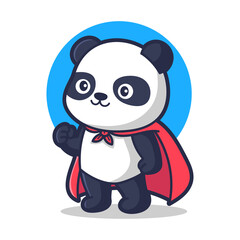 Cute Cartoon Panda Wearing Red Cape and Red Bow Tie Standing Against Blue Circle Background