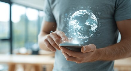 A man holding a smartphone with a glowing Earth hologram above it, in a bright room