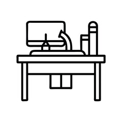 Simple line art depicting a desk with a computer and office supplies