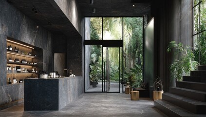A chic lobby with stone walls, a counter, large windows, and stairs, framed by lush greenery