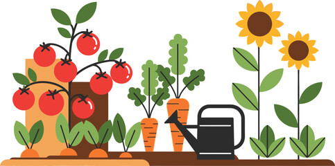 Colorful Vegetable Garden with Tomatoes, Carrots, and Sunflowers Illustration