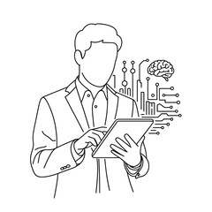Businessman using tablet with futuristic technology and brain graphic