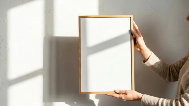 Hands holding vertical wooden frame with empty white poster in natural sunlight on beige wall, minimal interior concept for design mockup or artwork presentation