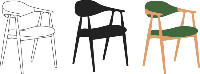 Set of Three Mid-Century Modern Chairs in Line, Silhouette, and Color Styles