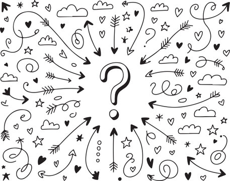 Doodle arrows with question mark in the center for infographic element exactly 130 characters including spaces and symbols allowed