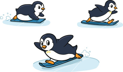 Cartoon penguins sliding on ice, winter fun illustration, playful motion, snow trail, animated character design, seasonal artwork, stock image