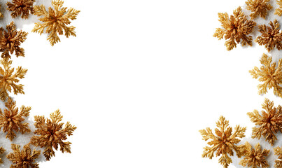 Obraz premium Flat Lay Frame with Golden Snowflakes on White Isolated Background