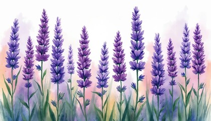 Naklejka premium Watercolor painting shows vibrant purple lavender flowers with green stalks. Soft pastel background blends pink, yellow, blue hues. Floral art creates calm, natural feeling. Illustration good for eco