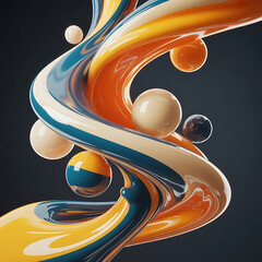 Abstract swirling liquid art with colorful spheres