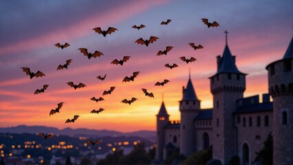 Obraz premium Bats flying over castle at sunset, silhouetted against vibrant sky. Soft, dreamy quality captures Halloween spirit, evoking cinematic atmosphere. Concept of magic and mystery.